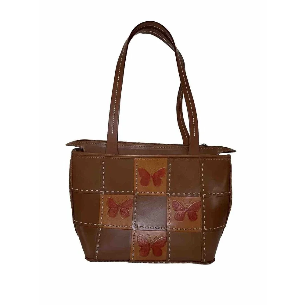 VTG ELLEPI BROWN LEATHER HANDMADE PATCHES M ZIP SHOULDER HOBO/TOTE BAG, Italy